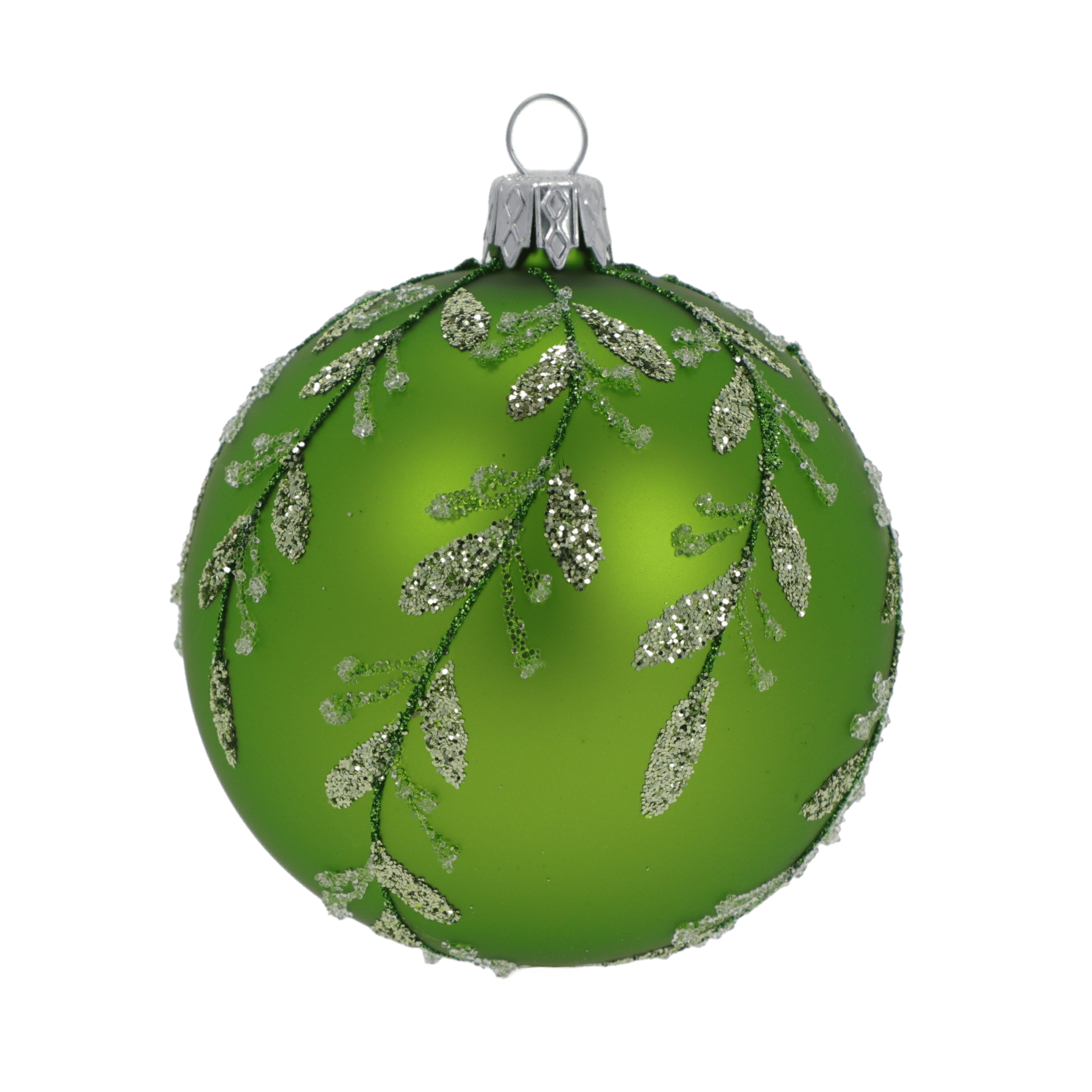 Boule de Noël en verre, sphère verte feuilles argentées 8 cm